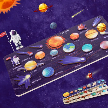 Children’s Wooden Planet Puzzle – Montessori Solar System Matching Game Toy